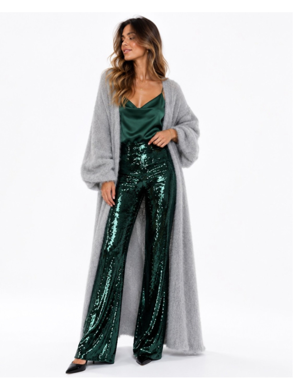 ZARA FLARED HIGH WAIST GREEN SEQUIN Sparkly PANTS
